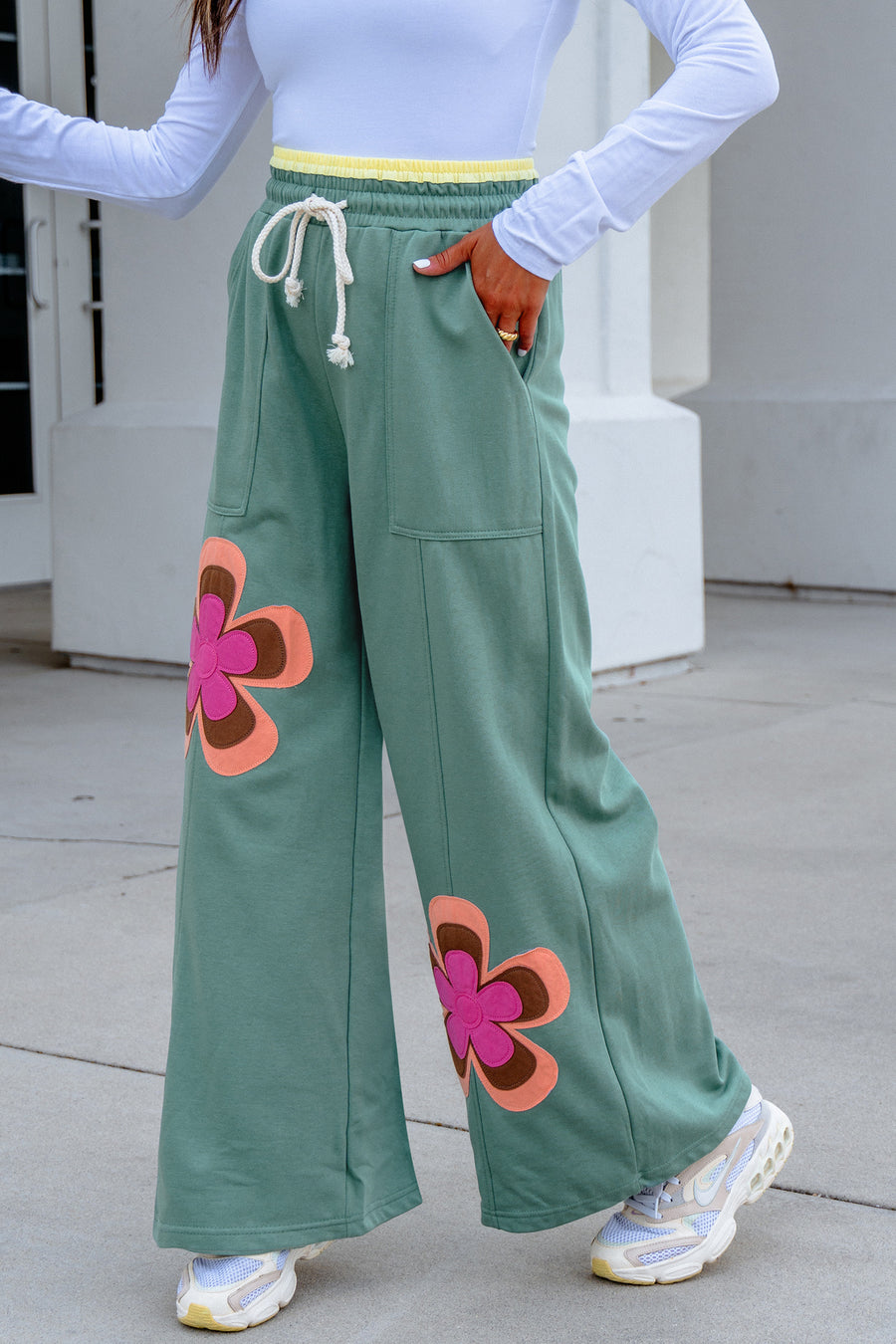Flower Patchwork Drawstring Elastic Waist Wide-Leg Trousers