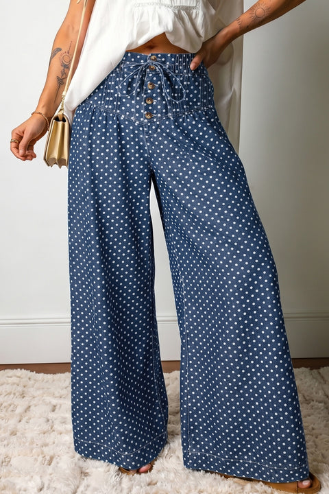 Sky Blue Polka Dot Pleated Wide Leg Jeans Women UK