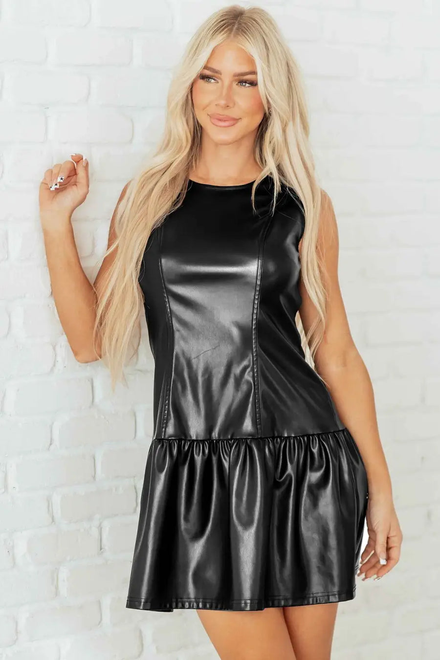 Ladies black faux leather mini dress dresses
