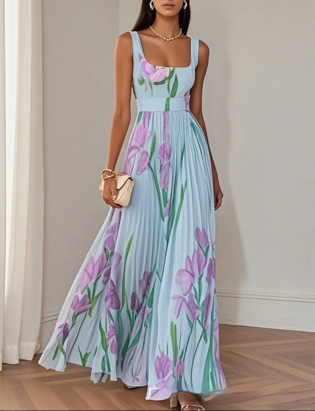 Floral midi dress back view — pleated skirt high waist detail