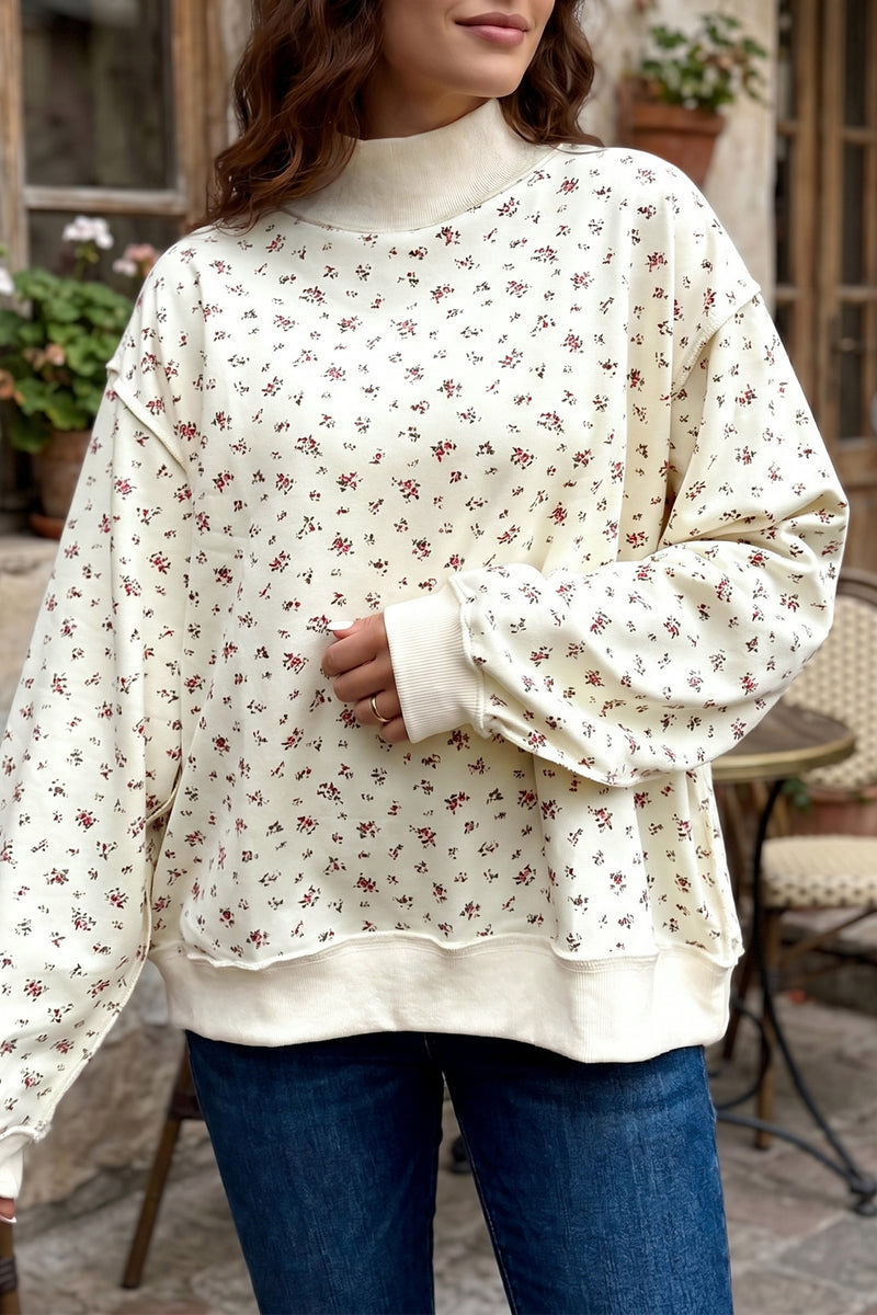 Beige Ribbed Floral Patchwork High Neck Baggy Sweatshirt