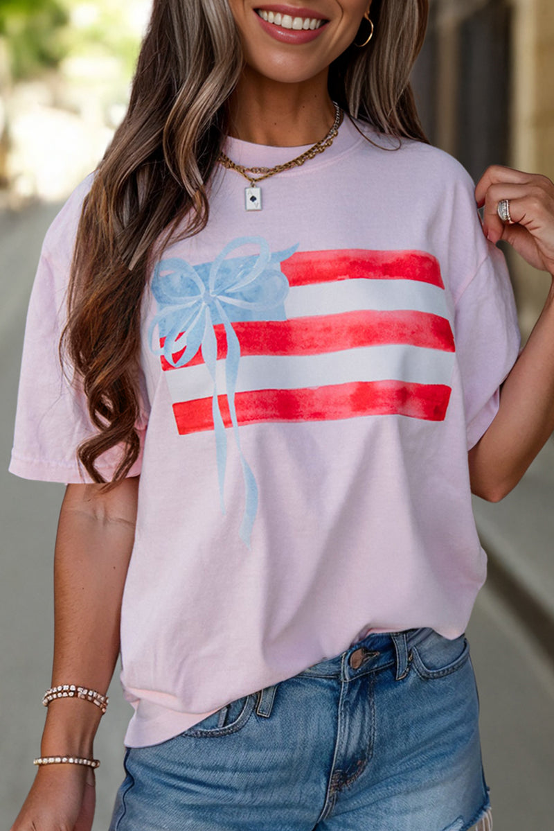Light Pink Flag Bow Graphic Crewneck Tee Women UK
