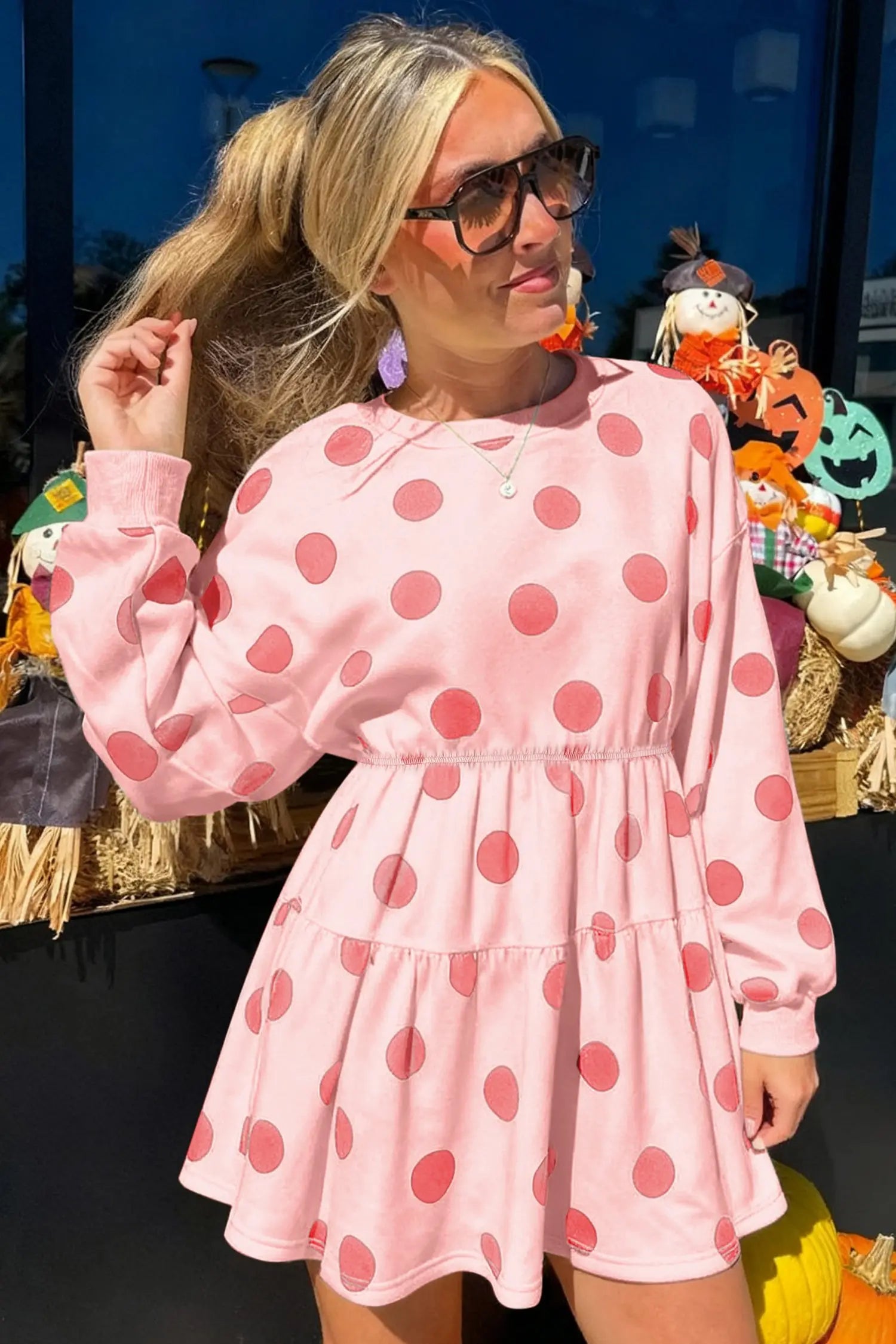White polka dot printed long sleeve flared mini dress