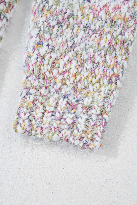Sleeve cuff detail of white confetti knit cardigan for women, showing ribbed finish and colorful yarn blend.
