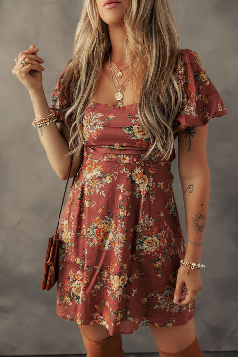 Red floral puff sleeve square neck open back mini dress women UK front view