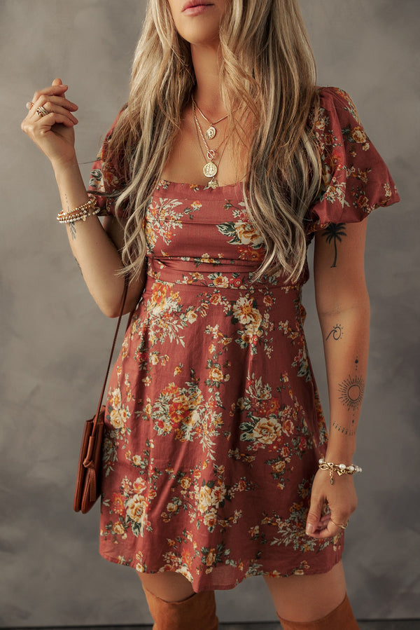 Red Floral Puff Sleeve Square Neck Knot Open Back Mini Dress Women UK