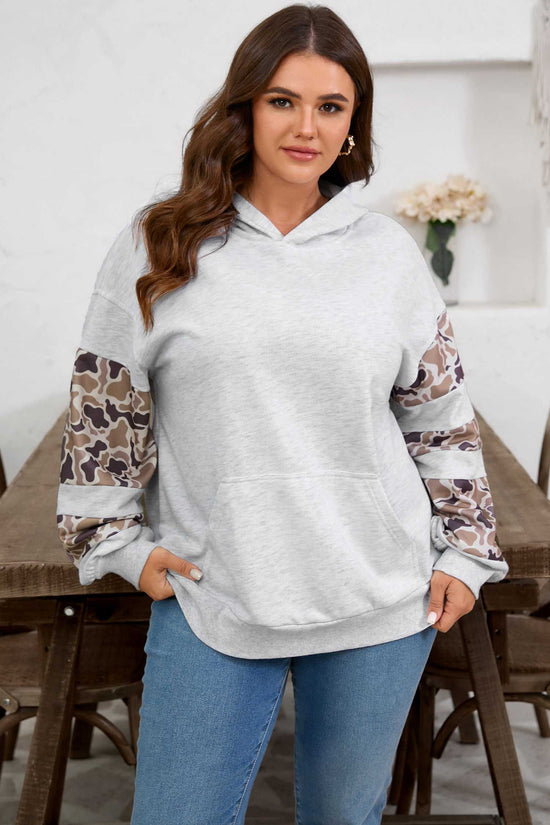 Plus size Curve Light Grey Camo Panel Hoodie featuring camo sleeves and a kangaroo pocket, perfect for everyday comfort and style.