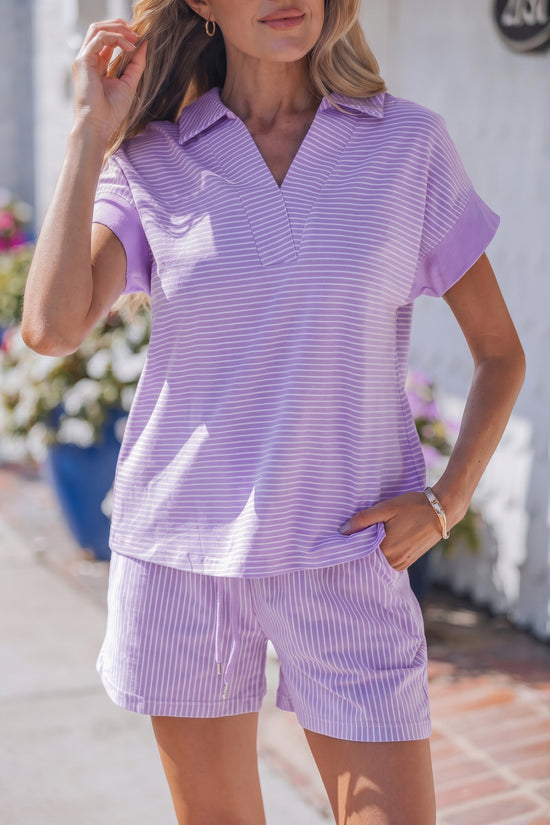 Striped Dolman Sleeve Polo Shirt and Drawstring Shorts Two Piece Set