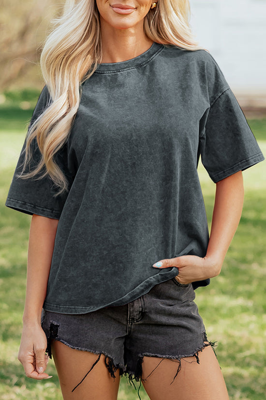 Mineral Washed Oversized Cotton Tee Drop Shoulder Round Neck Tunic Length