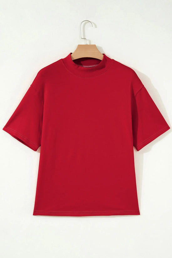 Reversible Contrast Stitch Drop Shoulder High Neck Short Sleeve Tee