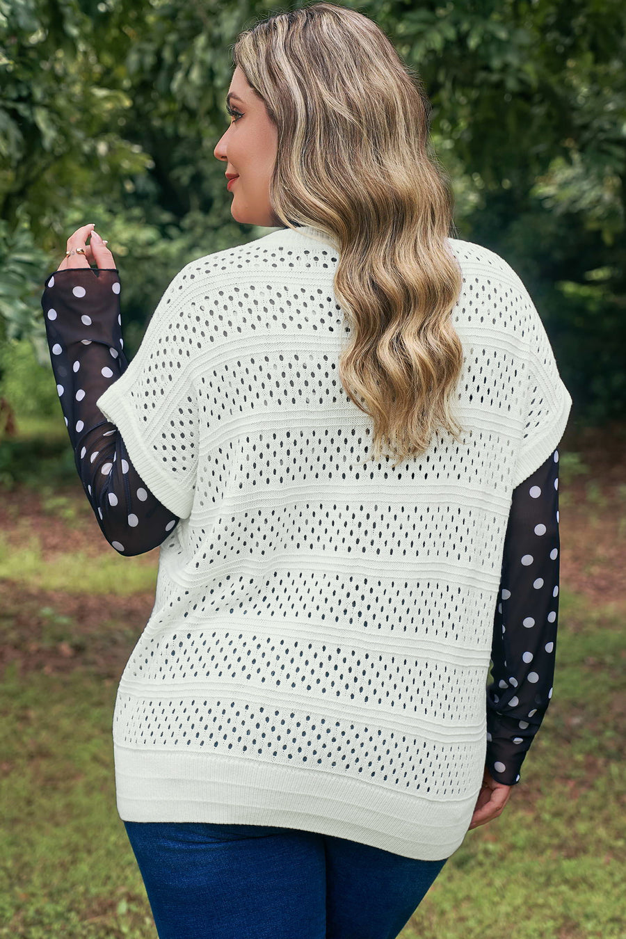 Plus Size Eyelet Hollow Out Knit Short Sleeve Sweater Ribbed Trim White — side view third colourway | Fashionfitz UK