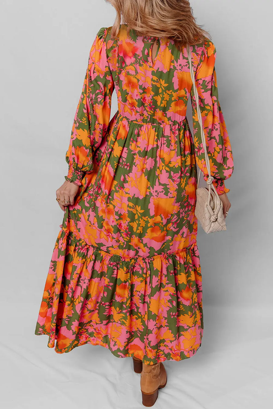 Orange Floral Smocked Bodice Puff Sleeve Ruffled Maxi Dress Women UK