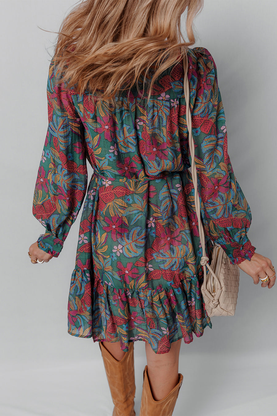 Green Floral Frill V Neck Puff Sleeve Ruffled Shirt Dress Women UK