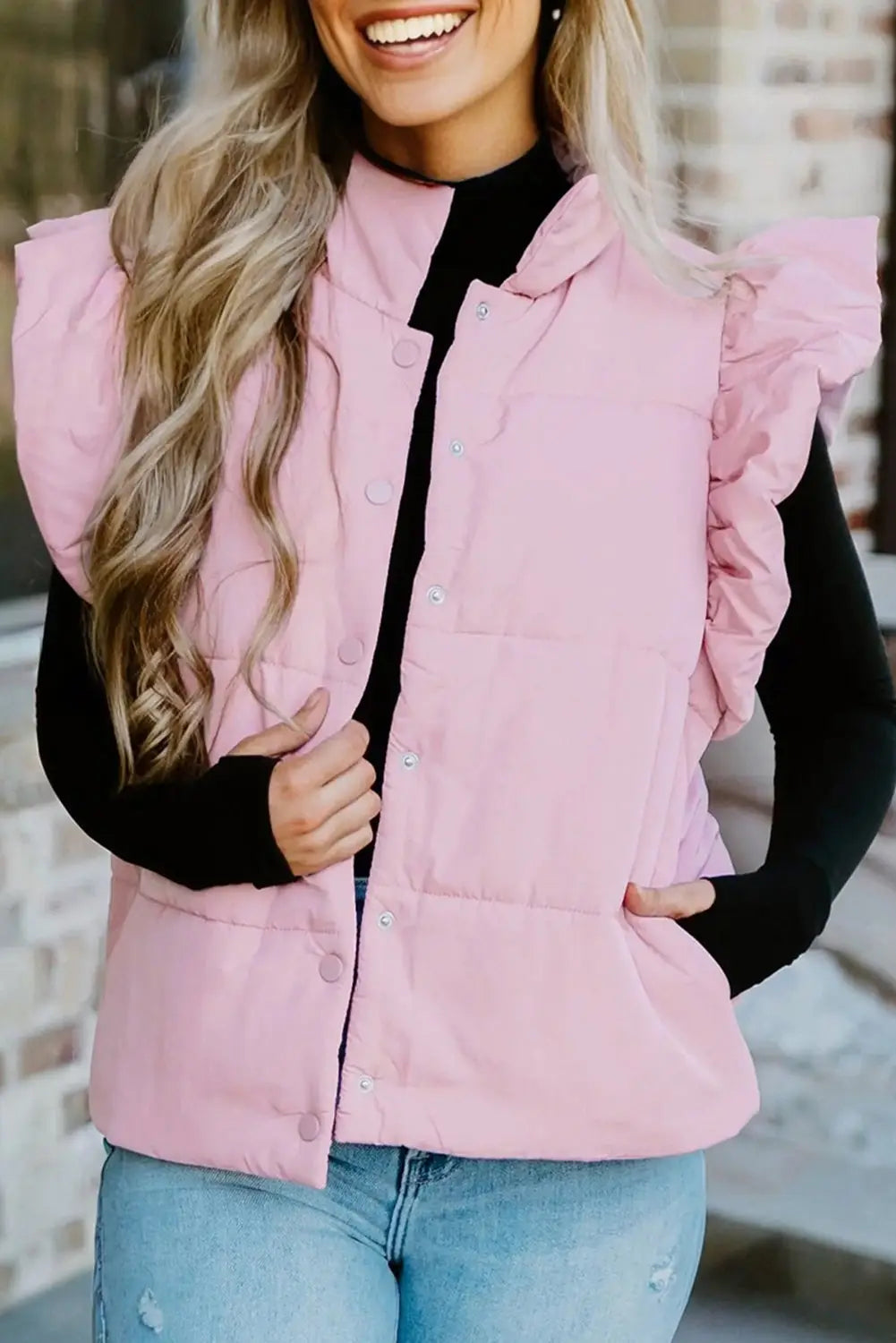 Stand neck flutter sleeve snap button padded puffer vest vests