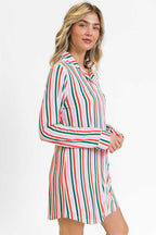 Side profile of Pink Candy Cane Stripe Christmas Lounge Dress by FashionFitz, showing long sleeves and festive striped design for holiday lounging.