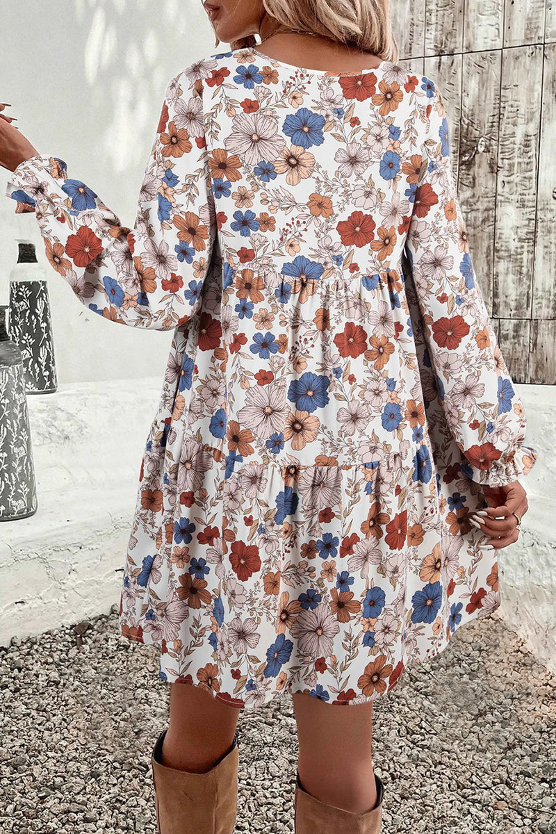Khaki Tiered Floral Round Neck Ruffled Long Sleeve Dress Women UK — back view