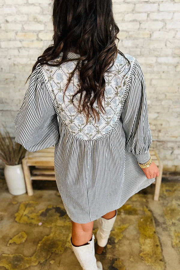 Black Stripe Floral Patchwork Tied V Neck Mini Dress Women UK