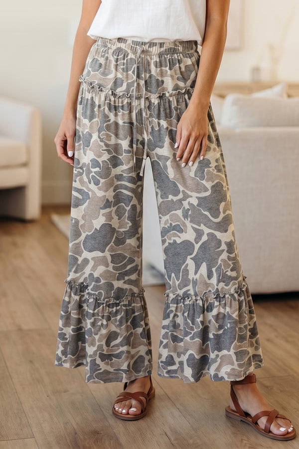 Camo Print Elastic Waist Wide Leg Casual Pants Women UK