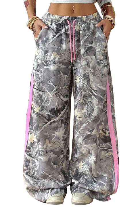 Gray camo woodland print wide leg sweatpants