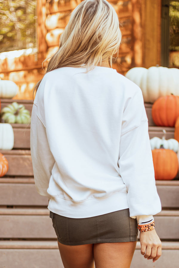 White Terry Halloween Pumpkin Patched Pullover Sweatshirt Women UK