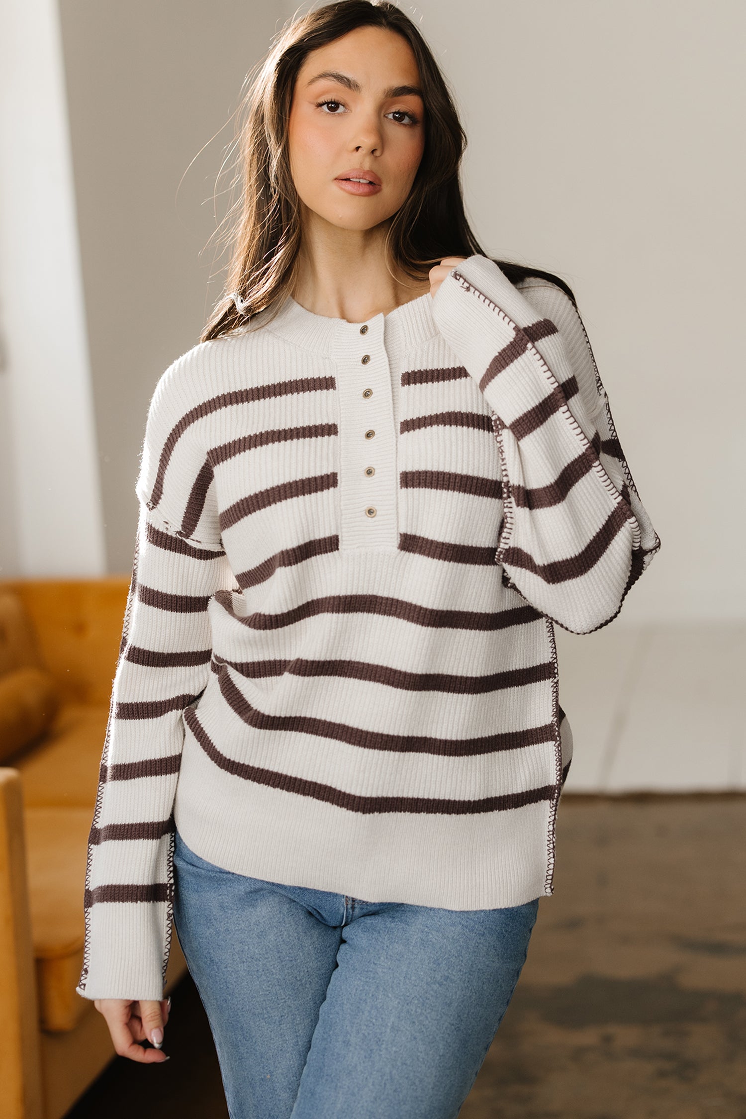 Casual Slouchy Striped Henley Jumper
