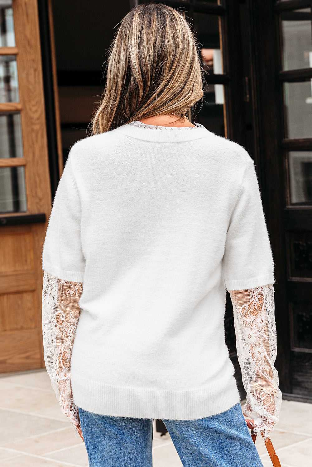 Lace Sleeve Fuzzy Sweater