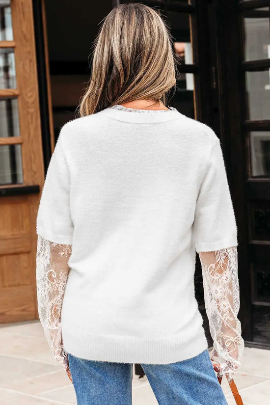 Beige lace sleeve fuzzy sweater women uk | fashionfitz