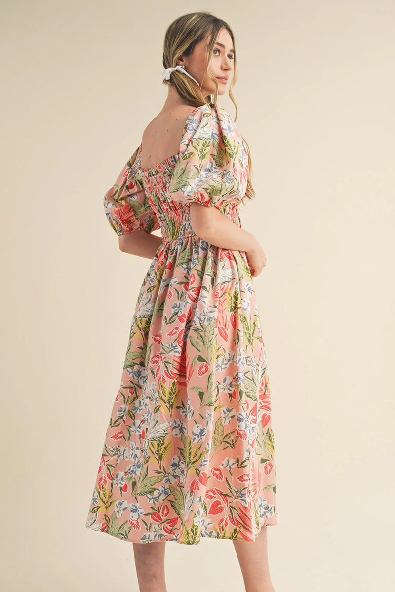 Apricot Pink Floral Smocked Bust Bubble Sleeve Maxi Dress Women UK