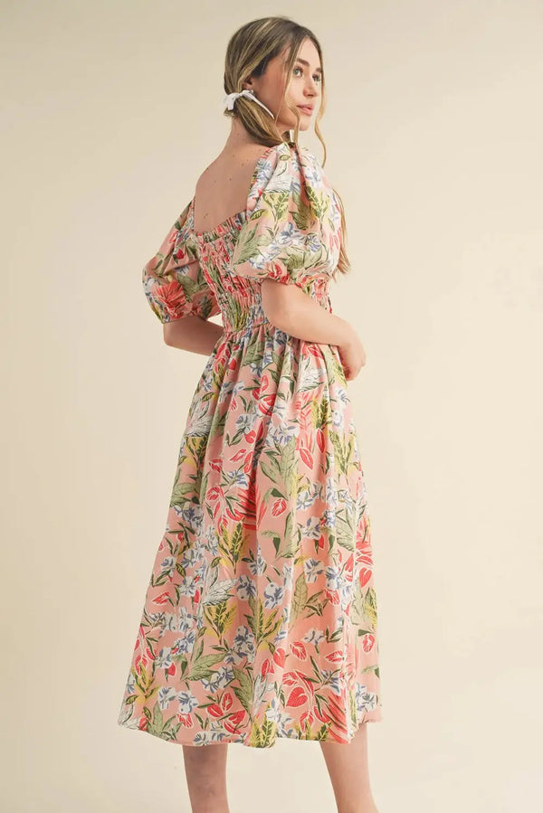 Apricot Pink Floral Smocked Bust Bubble Sleeve Maxi Dress Women UK