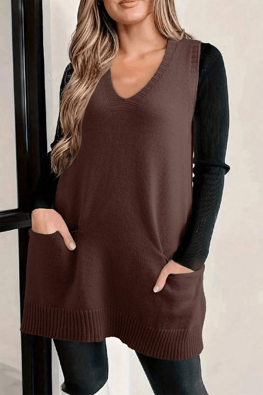 Jet stream ribbed deep v neckline front pocketed loose tunic sweater vest
