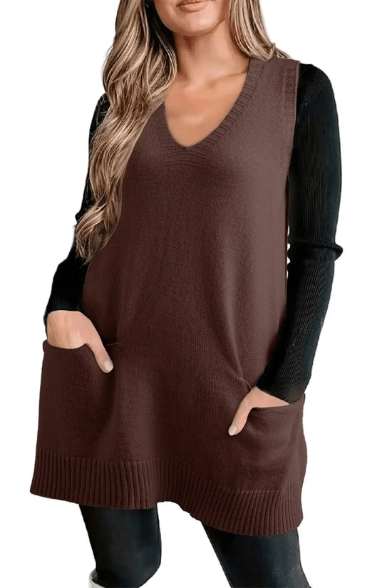 Ribbed deep v neck front pocket loose tunic sleeveless knit sweater vest vests