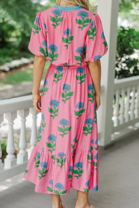 Plus size floral striped v-neck puff sleeve ruffle tiered maxi dress dresses