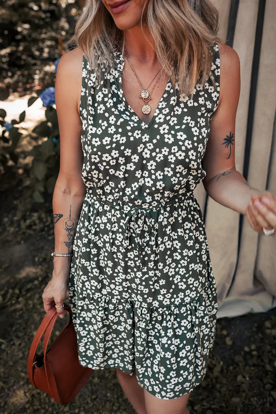 Green Boho Floral V Neck Sleeveless Tunic Dress Women UK