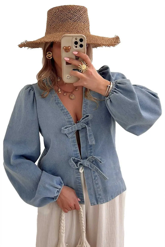 Blue ties puff denim top blouses