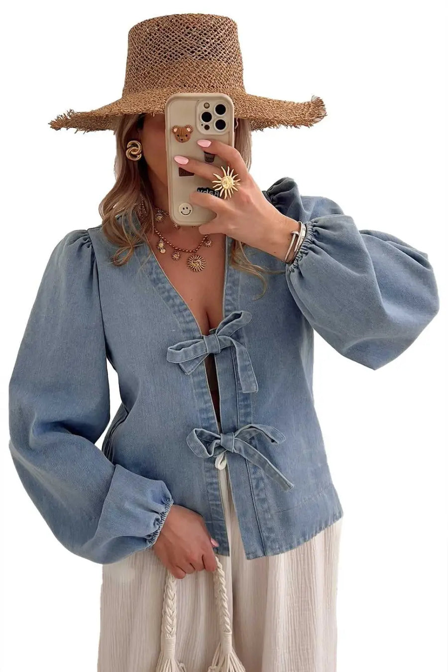 Blue ties puff denim top blouses