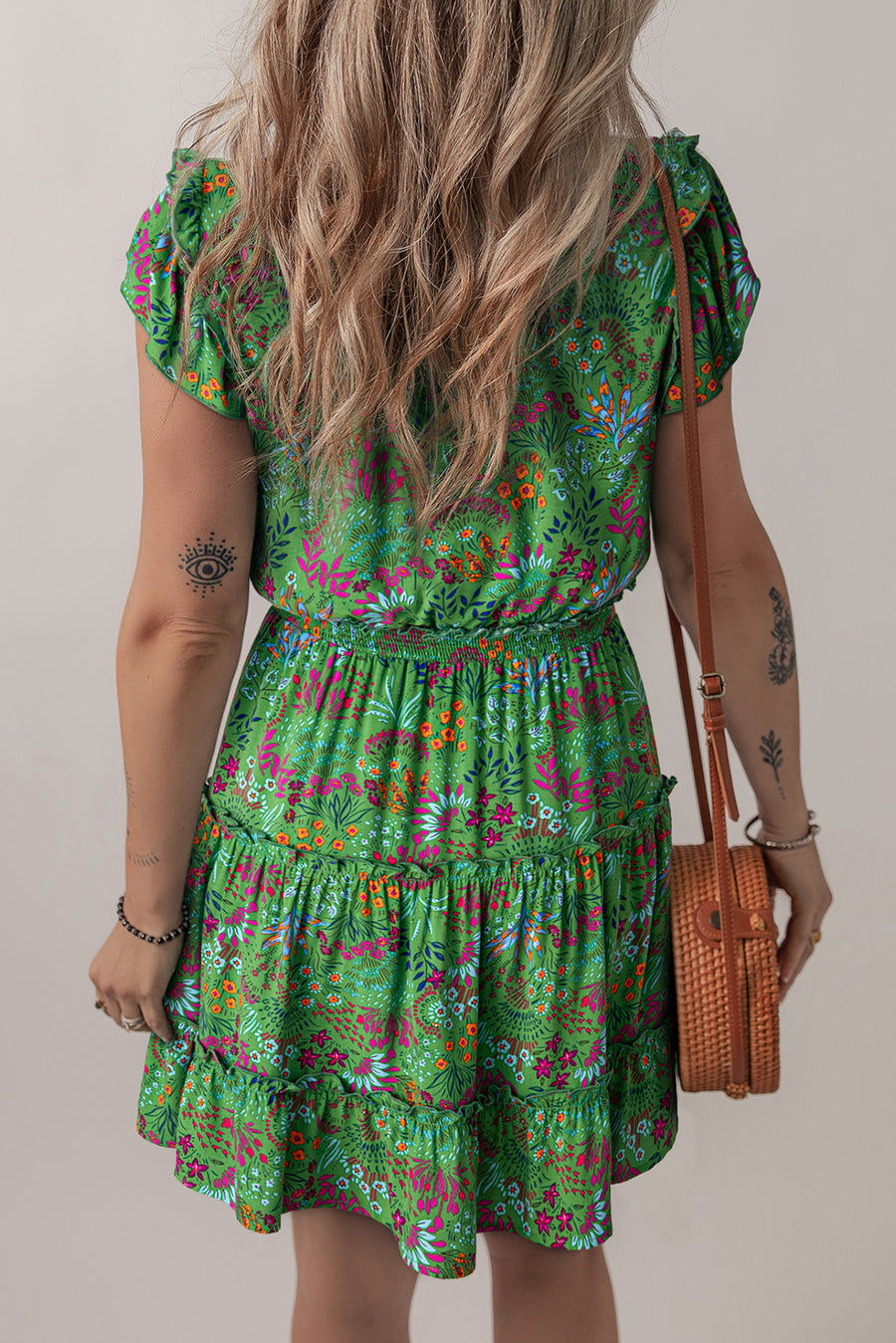 Green Floral Tie Split Neck Ruffle Trim Tiered Dress Women UK