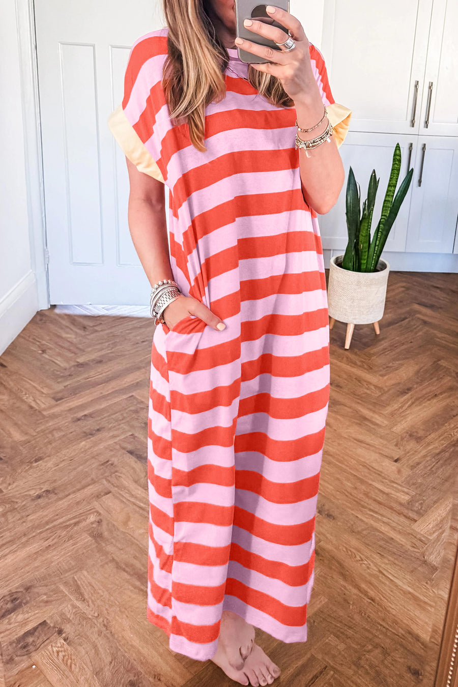 Stripe Cuffed Short Sleeve Pocketed Maxi Dress