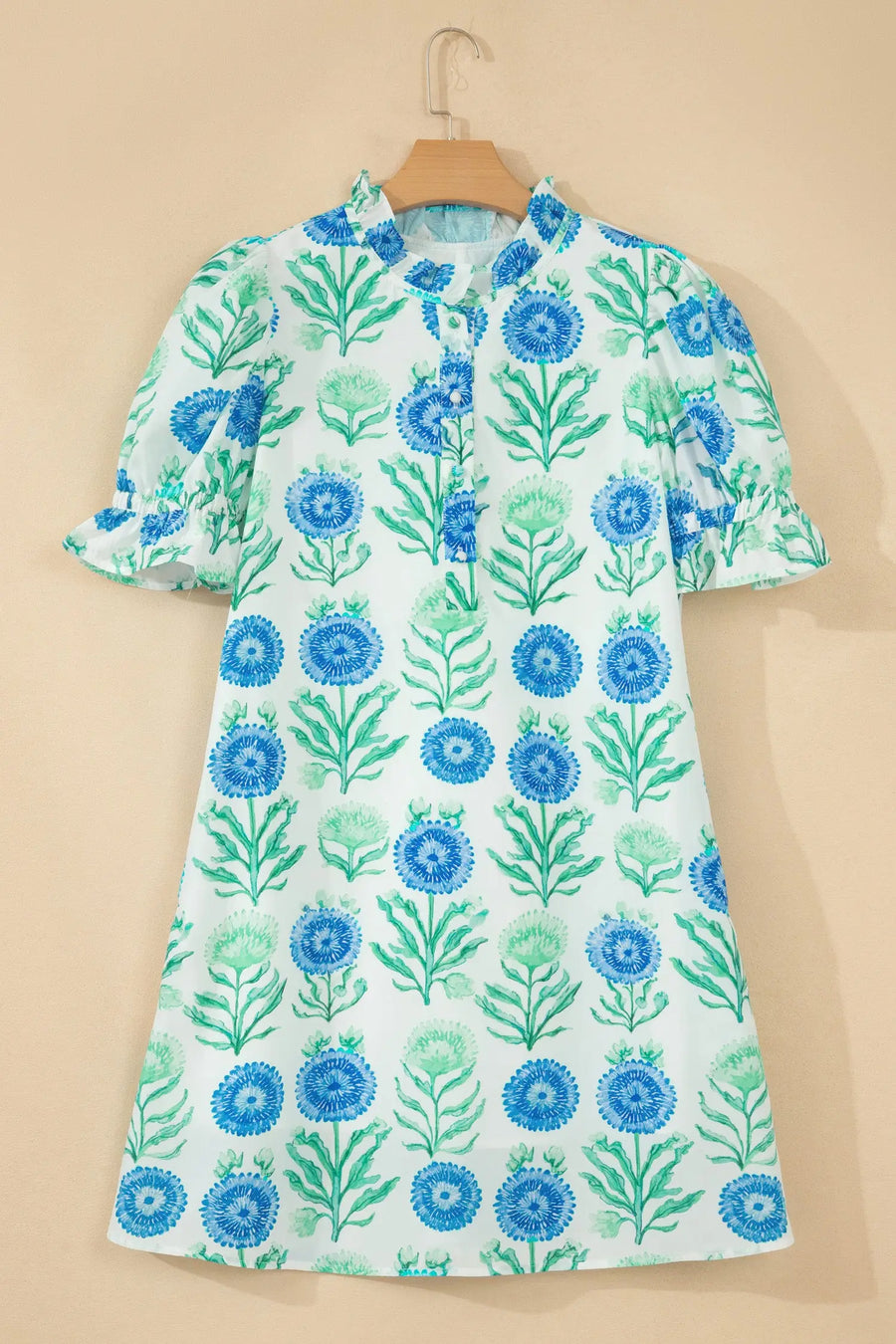 Sky Blue Floral Half Button Frilly Short Sleeve Dress — fabric texture detail | Fashionfitz UK