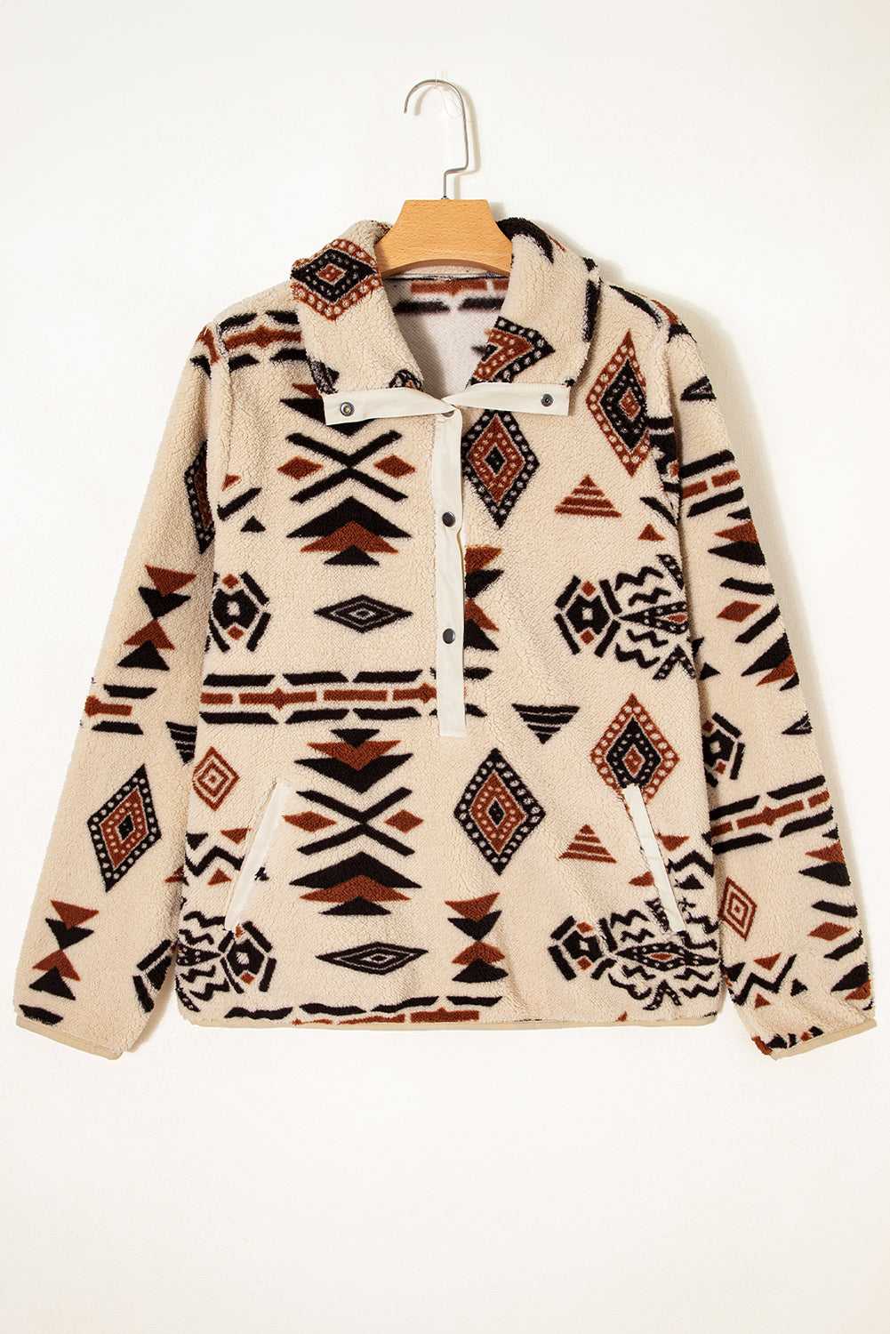 Cosy plush fleece jumper with Aztec pattern and zip neckline