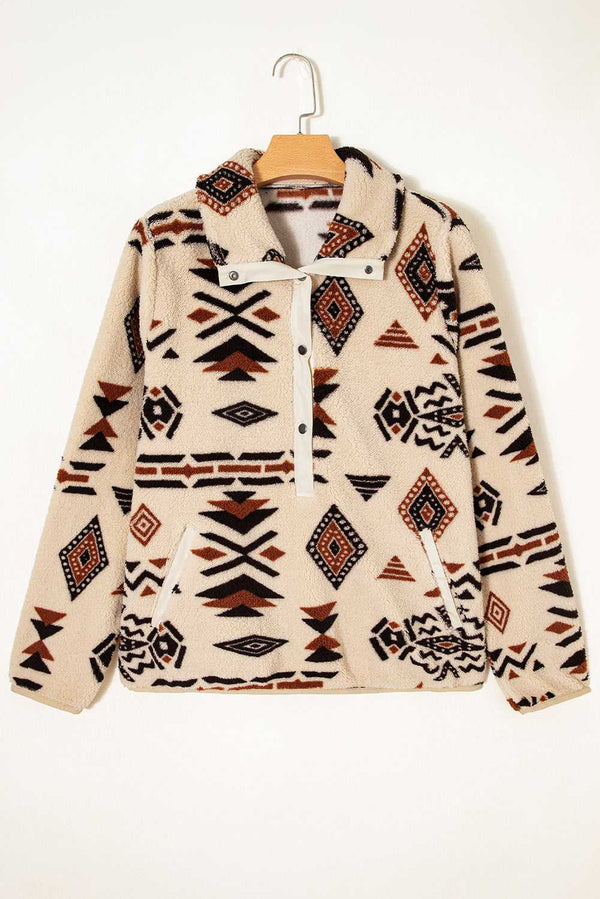Cosy plush fleece jumper with Aztec pattern and zip neckline