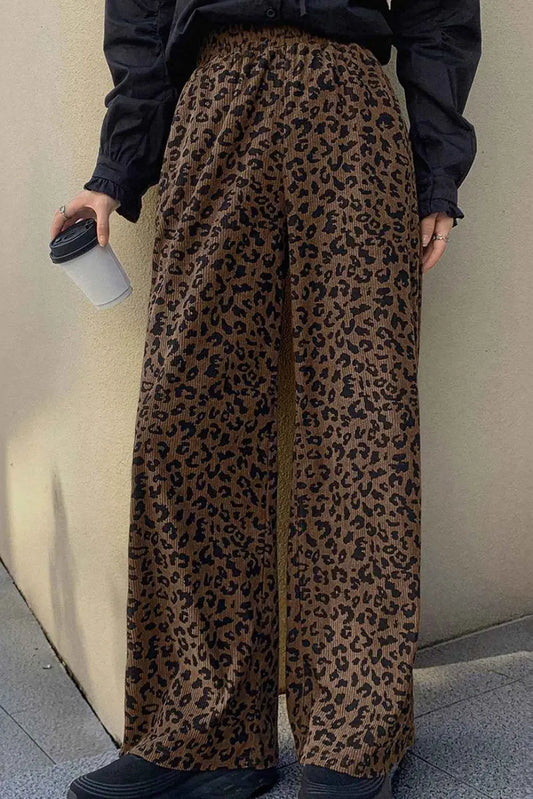 Brown baggy high waist leopard corduroy trousers for women, featuring soft fabric and relaxed fit for fall and winter fashion.