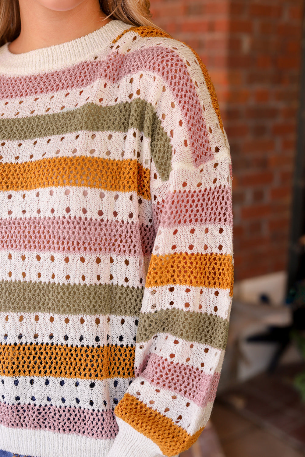 Knitted Loose Sweater - Striped Hollowed