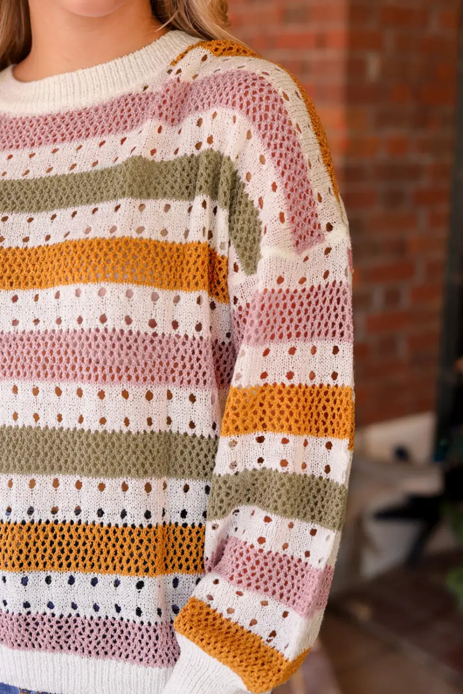 Chic multicolor striped hollow knit sweater | fashionfitz
