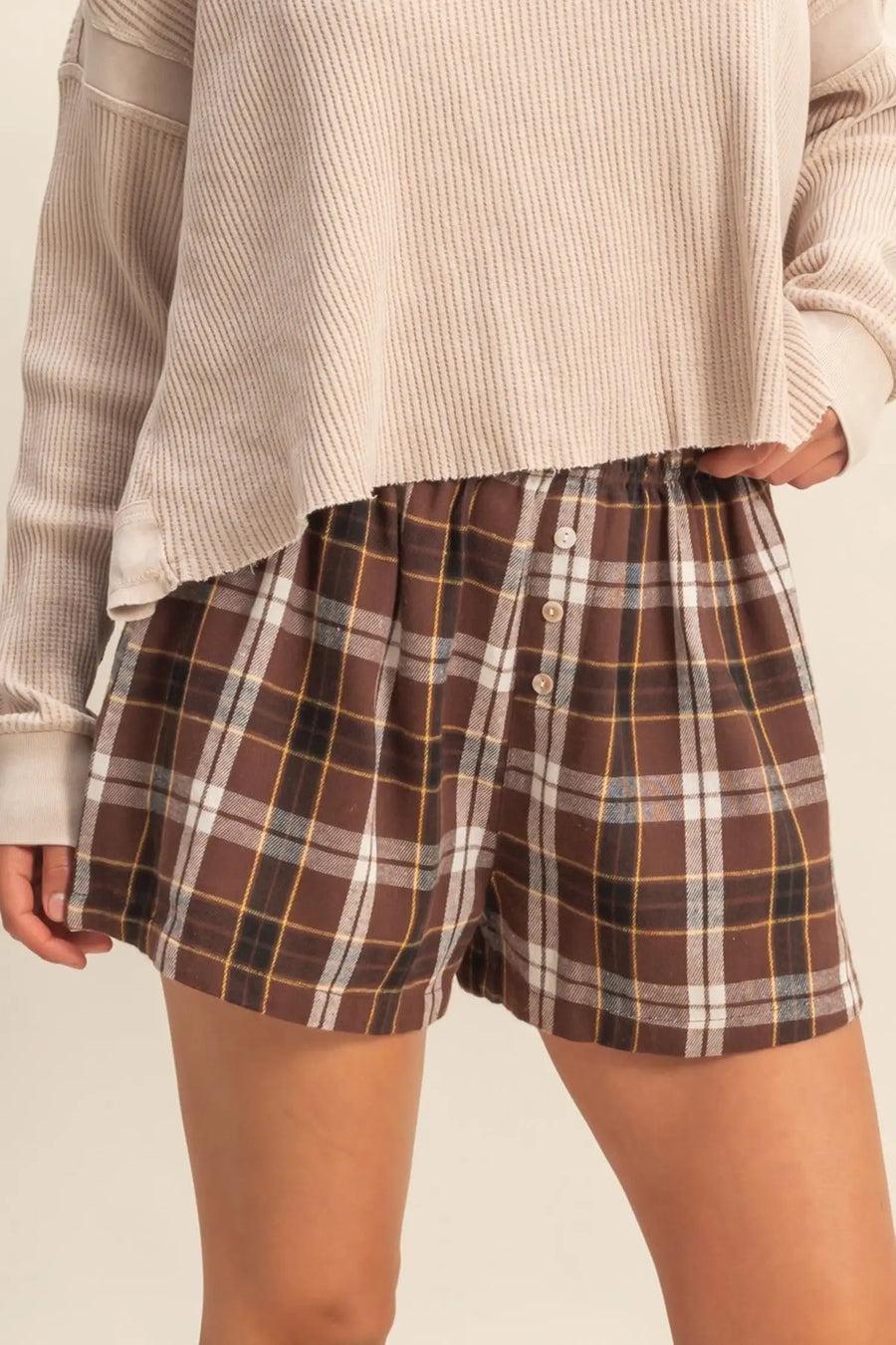 Plaid Button Front Elastic Waist Shorts