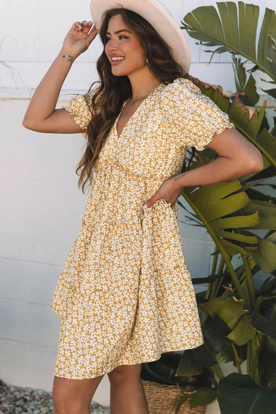 Yellow Floral Short Sleeve V Neck Frilly Tiered Mini Dress Women UK