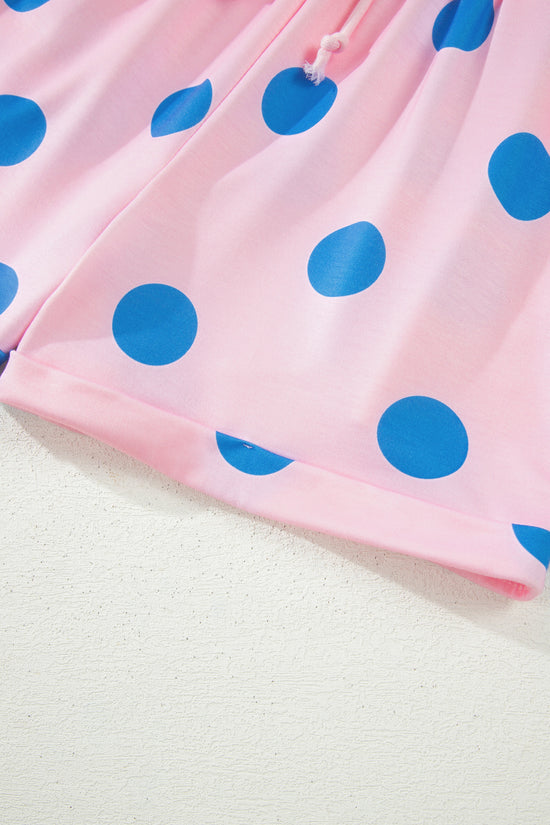Polka Dot V Neck Short Sleeve Tee High Waist Drawstring Shorts Set