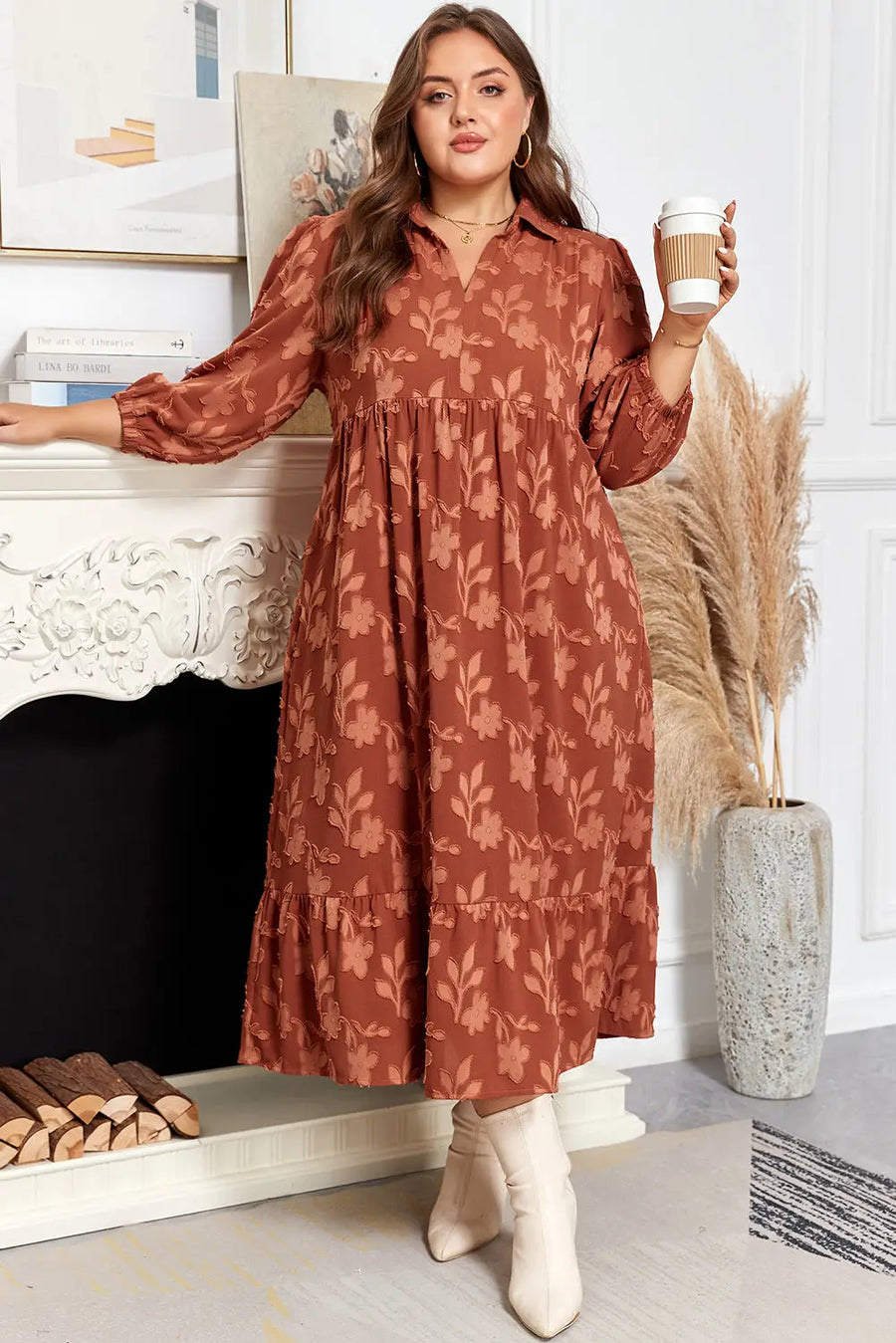 Cinnamon Plus Size 3D Flower Ruffle Hem 3/4 Sleeve Long Dress Women UK