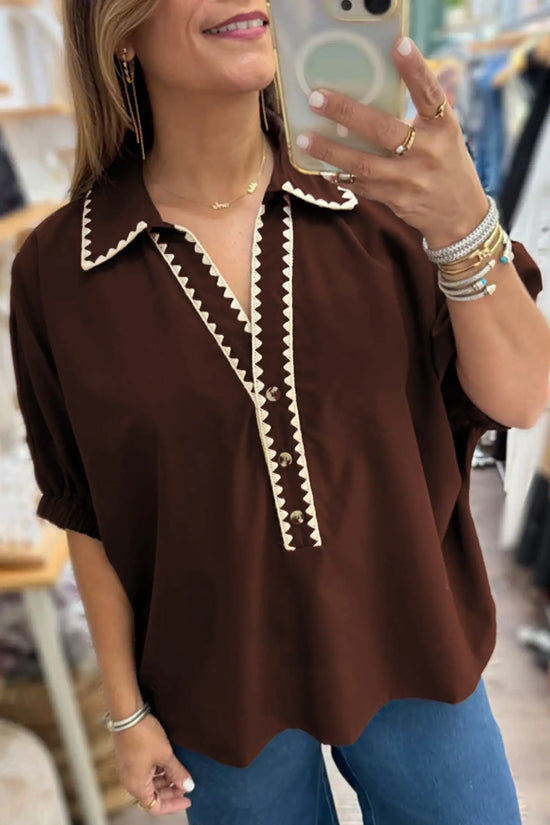 Coffee contrast trim shirt collar blouse button v neck dolman sleeve blouses
