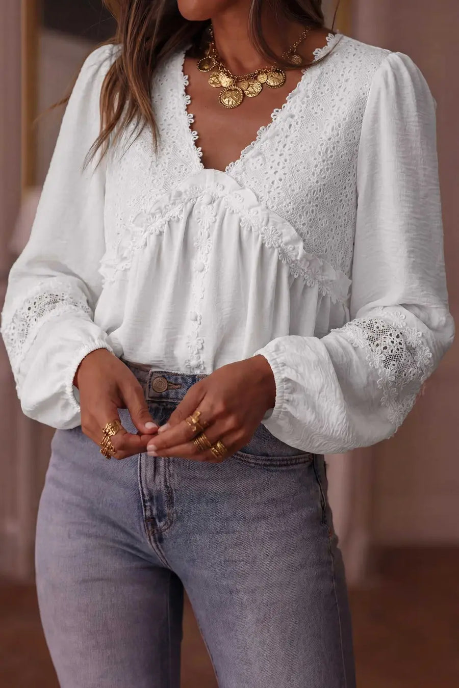White Guipure Lace Frill Sleeve Blouse Women UK — front view showing floral guipure lace V-neck and frilled long sleeves — Fashionfitz