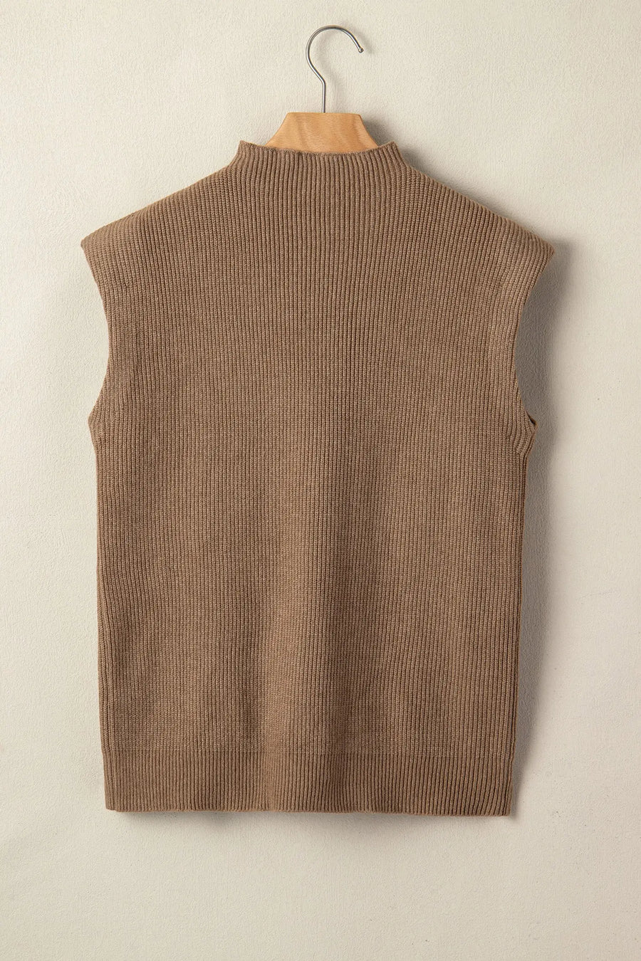 Ribbed knit mock neck sweater vest sleeveless loose fit light french beige sweaters